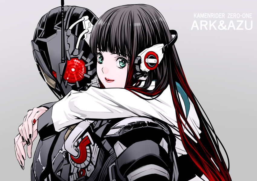 1boy 1girl absurdres antennae aqua_eyes armor arms_around_neck as_(kamen_rider_01) black_hair character_name copyright_name grey_background highres hug hug_from_behind humagear_headphones jacket kamen_rider kamen_rider_01_(series) kamen_rider_ark-zero lips lipstick long_hair long_sleeves looking_at_viewer makeup multicolored multicolored_hair multicolored_nails nail_polish parashima_tenko red_eyes redhead robot_ears simple_background smile streaked_hair two-tone_hair white_jacket