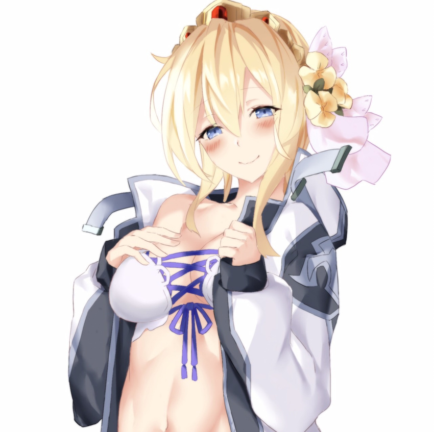 1girl aria_(schwarza97rw0rd) bangs bare_shoulders bikini blonde_hair blue_eyes blue_ribbon blush breasts closed_mouth collarbone europa_(granblue_fantasy) flower granblue_fantasy hair_flower hair_ornament highres jacket large_breasts looking_at_viewer navel open_clothes open_jacket ribbon short_hair simple_background swimsuit tiara white_background white_bikini