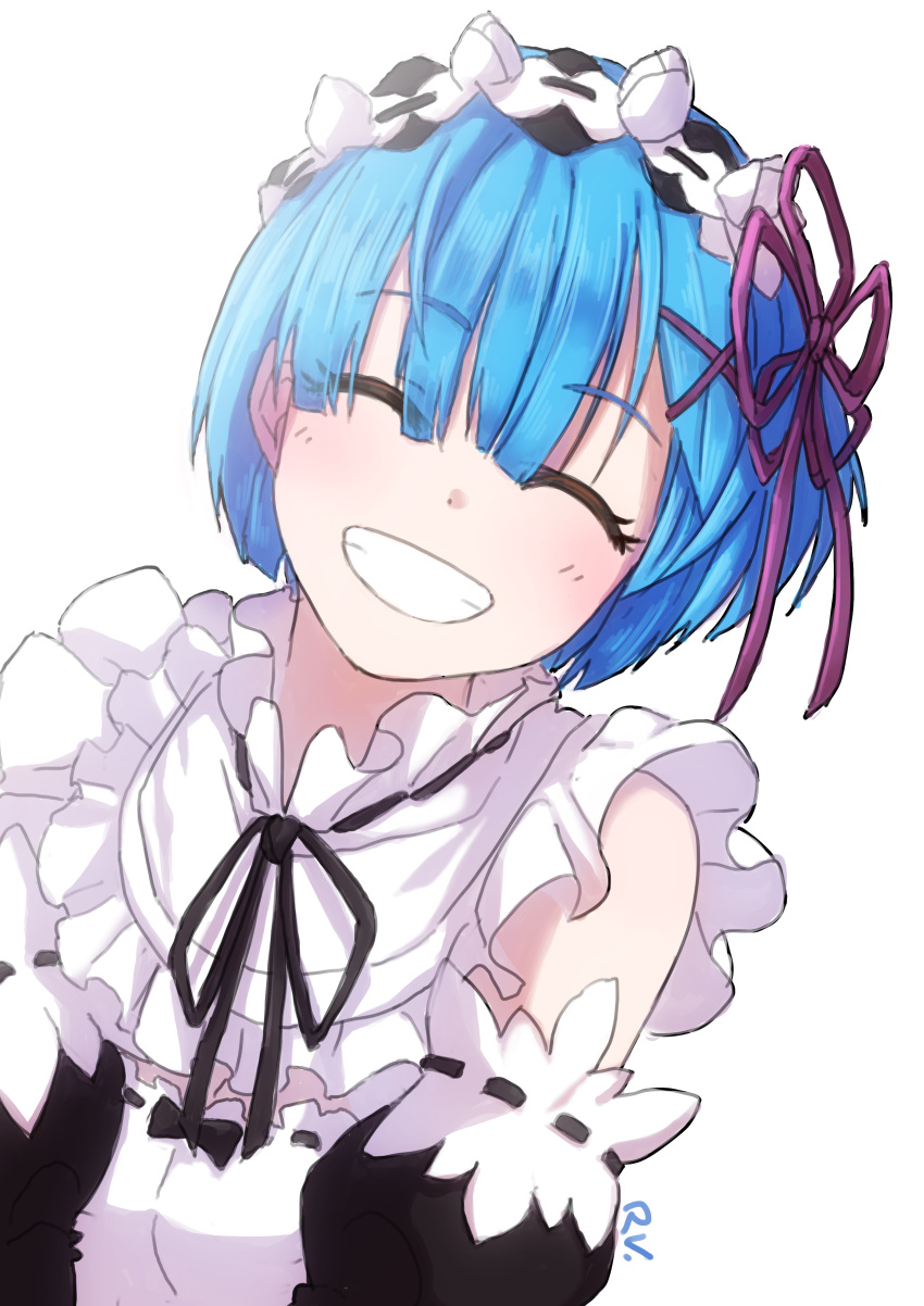 1girl absurdres blue_hair closed_eyes detached_sleeves facing_viewer grin highres maid maid_headdress re:zero_kara_hajimeru_isekai_seikatsu rem_(re:zero) rv_(gvdn7245) short_hair smile solo