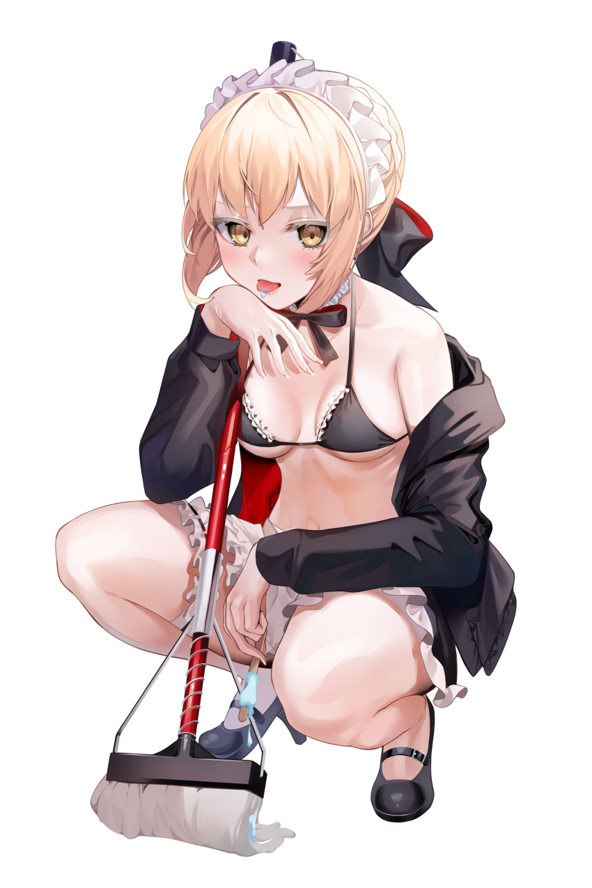 1girl apron arm_rest artoria_pendragon_(all) artoria_pendragon_(swimsuit_rider_alter) bangs bare_shoulders bikini black_bikini black_footwear black_jacket blonde_hair blush breasts broom collarbone commentary_request fate/grand_order fate_(series) frilled_bikini frills full_body green_eyes hair_ribbon hand_on_own_chin highres holding jacket large_breasts long_hair long_sleeves looking_at_viewer maid_apron medium_breasts neck_ribbon off-shoulder_jacket ribbon shoes short_hair simple_background solo squatting suigetsu_(hjs1106) swimsuit tongue tongue_out white_background