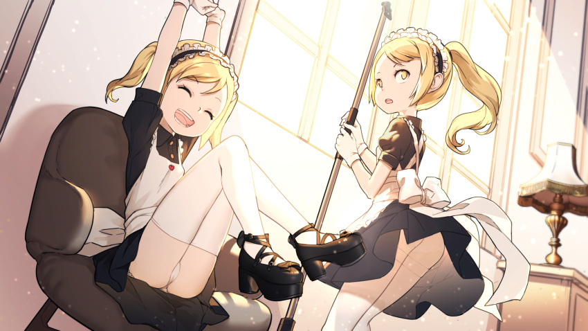 2girls aoi_tsunami apron arms_up ass black_dress black_footwear blonde_hair chair closed_eyes desk dress gloves high_heels highres indoors knees_up lamp long_hair maid maid_apron maid_headdress mop multiple_girls open_mouth original panties ponytail puffy_short_sleeves puffy_sleeves shoes short_sleeves sitting smile standing sunlight thigh-highs underwear white_gloves white_legwear white_panties window yellow_eyes