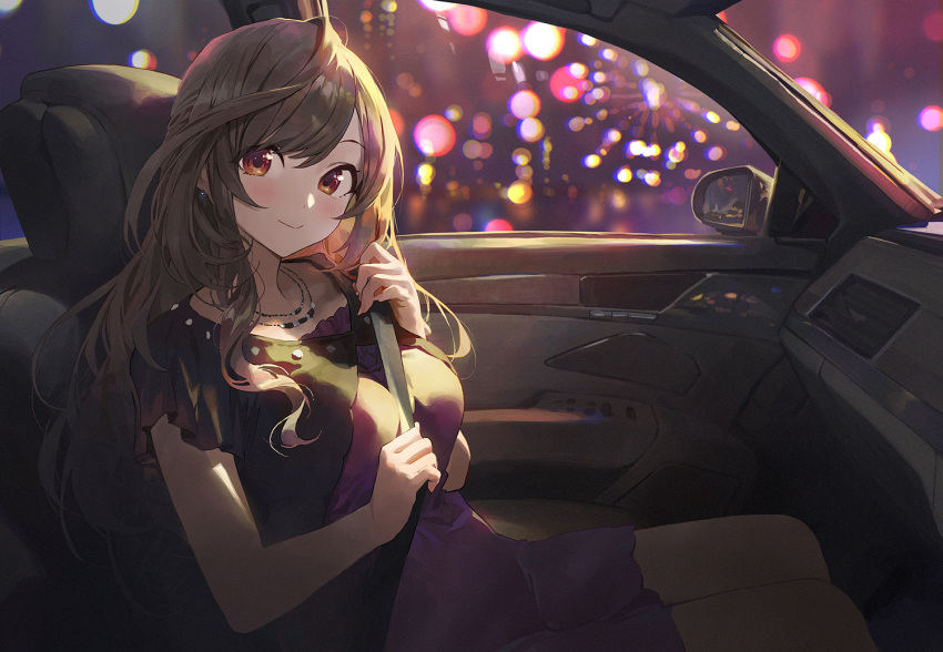 1girl adjusting_strap between_breasts breasts brown_eyes brown_hair car_interior dress earrings fireworks hair_between_eyes idolmaster idolmaster_shiny_colors jewelry long_hair looking_at_viewer mossi necklace purple_dress seatbelt sitting smile solo strap_between_breasts tsukioka_kogane wavy_hair