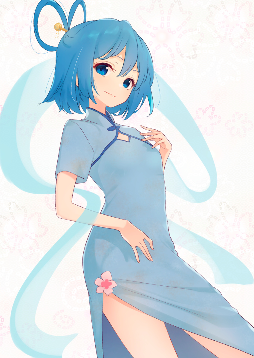 1girl alternate_costume blue_eyes blue_hair china_dress chinese_clothes contrapposto cowboy_shot dress flat_chest floral_background hagoromo hair_ornament hair_rings hair_stick hand_on_own_chest highres kaku_seiga kanpa_(campagne_9) leaning_back light_smile looking_at_viewer patterned_background shawl solo standing touhou white_background