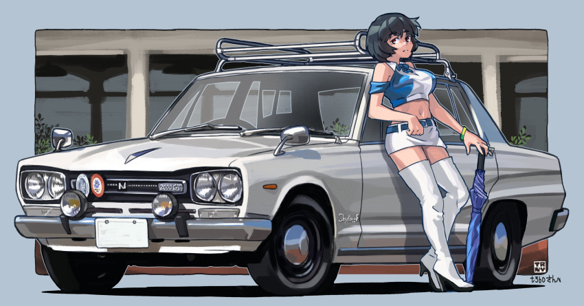 1girl absurdres bare_shoulders belt black_hair blue_neckwear boots bow bowtie bracelet breasts car check_copyright closed_mouth copyright_request full_body ground_vehicle high_heels highres jewelry large_breasts leaning_on_object looking_at_viewer midriff miniskirt motor_vehicle navel original plant racequeen red_eyes short_hair signature skirt sleeve solo thigh-highs thigh_boots toriny umbrella white_legwear white_skirt