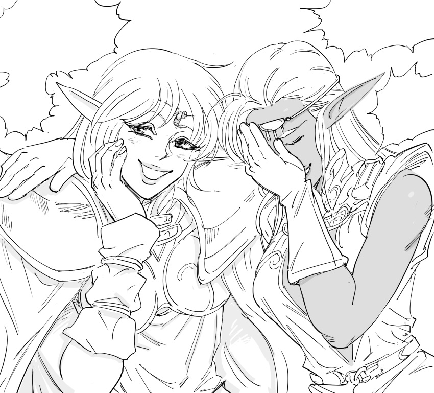 2girls bb_(baalbuddy) blank_speech_bubble breastplate cape circlet commentary dark_elf deedlit elf english_commentary exploitable greyscale hand_on_own_face highres laughing laughing_girls_(meme) long_hair looking_at_viewer meme monochrome multiple_girls pirotess pointy_ears record_of_lodoss_war shoulder_armor simple_background smile spaulders speech_bubble white_background