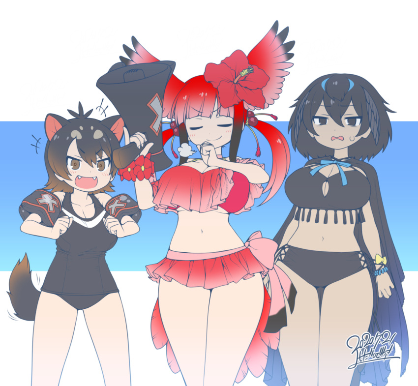 +++ 3girls =3 alternate_breast_size animal_ears bangs bikini bird_tail bird_wings black_eyes black_hair blue_hair blunt_bangs bow breasts brown_eyes brown_hair cape closed_eyes closed_mouth dated extra_ears eyebrows_visible_through_hair fangs flower greater_lophorina_(kemono_friends) hair_between_eyes hair_bobbles hair_flower hair_ornament hands_up head_wings highres holding_megaphone kemono_friends large_breasts long_hair looking_at_another medium_hair megaphone multicolored_hair multiple_girls navel open_mouth pinky_out redhead scarlet_ibis_(kemono_friends) school_swimsuit signature smug standing stomach swimsuit tail tasmanian_devil_(kemono_friends) tasmanian_devil_ears tasmanian_devil_tail thigh_gap twintails two-tone_hair v-shaped_eyebrows wings yoshida_hideyuki