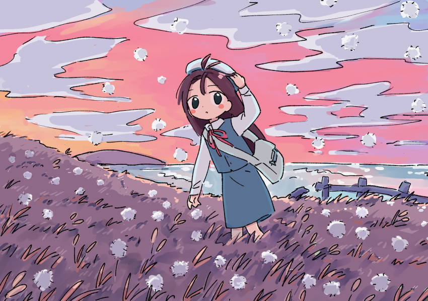 1girl 1nupool :o adjusting_clothes adjusting_headwear antenna_hair arm_at_side arm_up backlighting bag bangs beret black_eyes blue_skirt blue_vest blush_stickers broken brown_hair clouds cloudy_sky collared_shirt dandelion dandelion_seed dot_nose dusk evening feet_out_of_frame fence flower gradient_sky grass hand_on_headwear hat highres hill horizon landscape long_hair long_sleeves looking_at_viewer looking_to_the_side medium_skirt messenger_bag neck_ribbon no_pupils ocean orange_sky original outdoors parted_lips pink_sky red_ribbon ribbon scenery school_uniform shirt shoulder_bag skirt skirt_set sky solo standing tareme vest walking water white_headwear white_shirt wind wing_collar