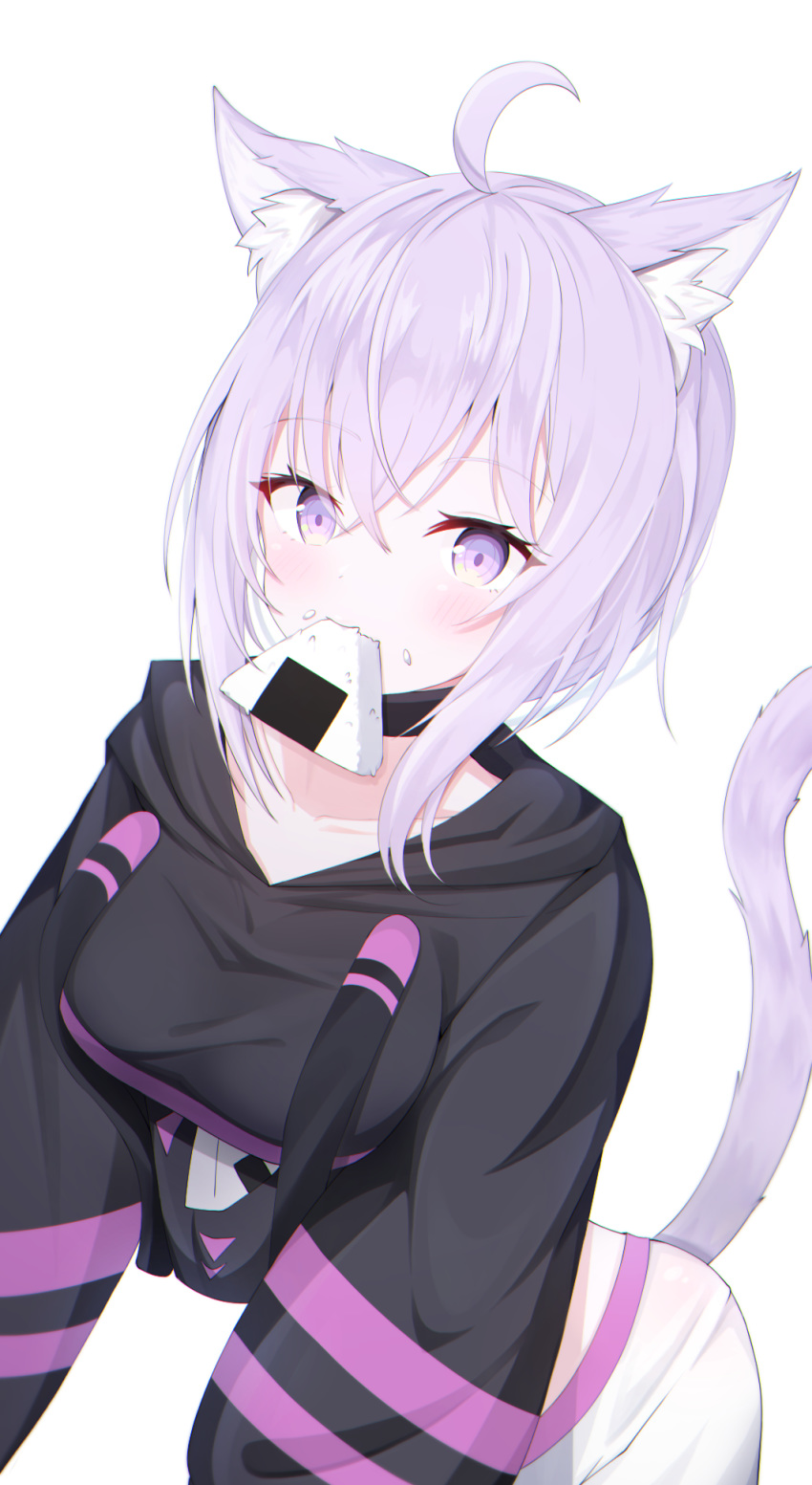 1girl ahoge animal_ear_fluff animal_ears bangs black_hoodie blush breasts cat_ears cat_girl cat_tail collarbone commentary_request drawstring eating eyebrows_visible_through_hair food food_in_mouth food_on_face hair_between_eyes highres hololive hood hood_down hoodie long_sleeves looking_at_viewer medium_breasts mouth_hold nekomata_okayu onigiri pants puffy_long_sleeves puffy_sleeves purple_hair rice rice_on_face simple_background solo starfox1015 tail tail_raised violet_eyes virtual_youtuber white_background white_pants