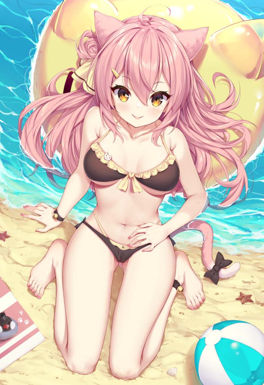 1girl absurdres animal_ears beach bikini cat_ears cat_tail character_request highres long_hair neps-l original pink_hair swimsuit tail yellow_eyes