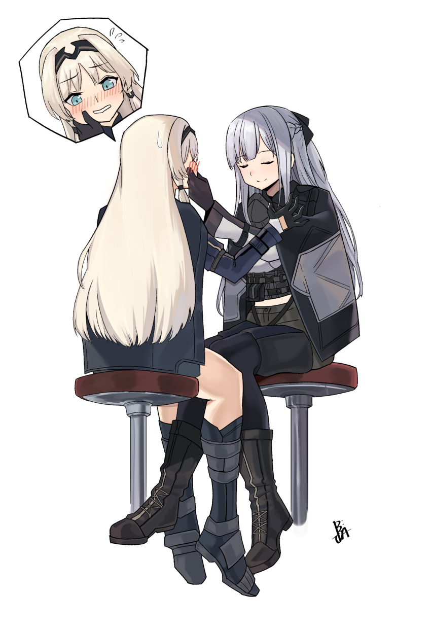 2girls ak-12_(girls_frontline) an-94_(girls_frontline) bangs be_garam black_footwear black_gloves blue_eyes blush braid closed_eyes eyebrows_visible_through_hair french_braid girls_frontline gloves hair_ribbon hairband hand_on_another's_cheek hand_on_another's_face highres long_hair midriff multiple_girls platinum_blonde_hair ribbon sidelocks silver_hair sitting stool tactical_clothes thighs