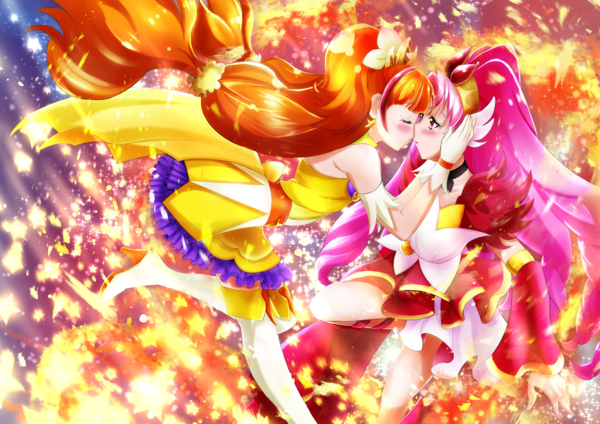 2girls arm_strap ballpoint_pen_(medium) blush boots brown_hair closed_eyes cure_scarlet cure_twinkle detached_sleeves dress from_side gloves go!_princess_precure hair_ornament hair_scrunchie hair_tubes highres imminent_kiss long_hair long_sleeves looking_at_another miniskirt multiple_girls pink_hair precure red_eyes red_sleeves scrunchie shiny shiny_hair skirt star_(symbol) thigh-highs thigh_boots traditional_media very_long_hair white_footwear white_gloves white_skirt yellow_dress yellow_scrunchie yu-sha-mashi-alo-fa yuri