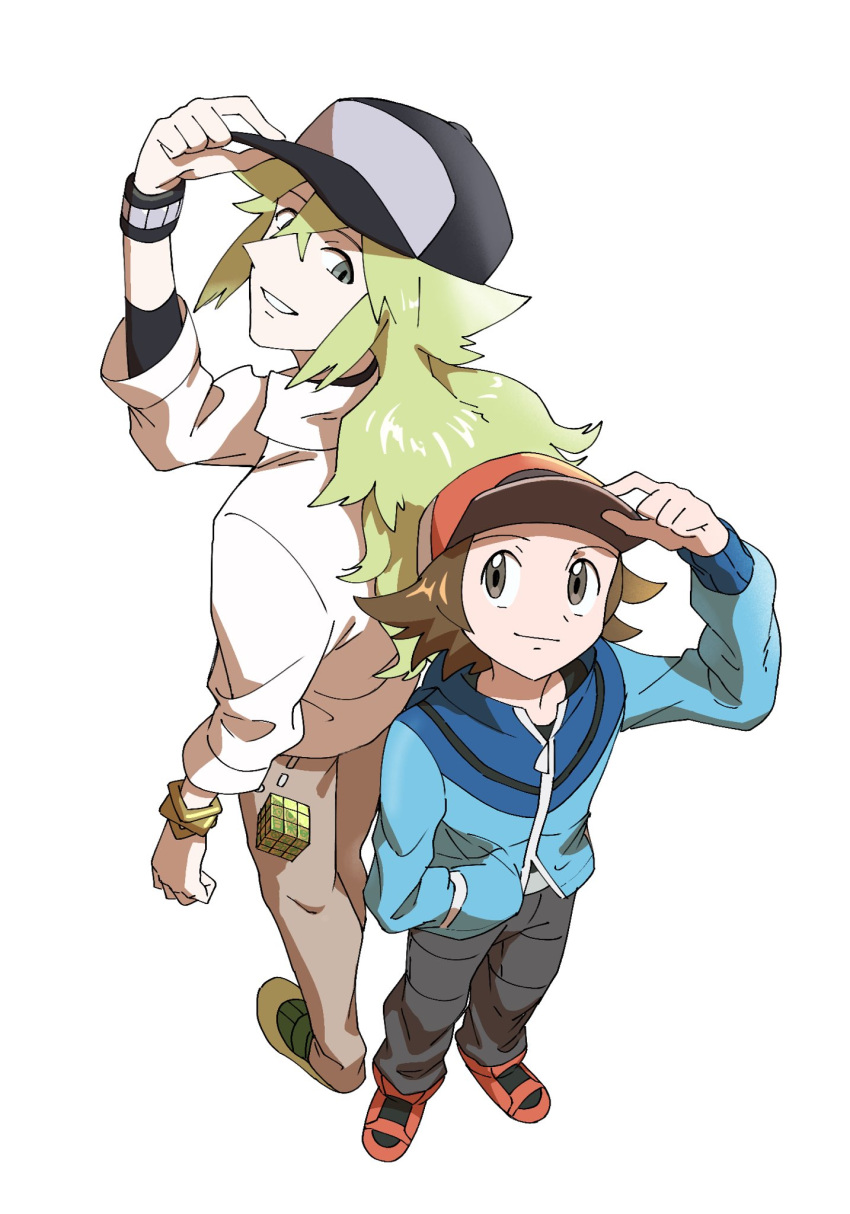 2boys bangle bangs baseball_cap belt_buckle black_headwear black_shirt blue_jacket bracelet brown_eyes brown_hair brown_pants buckle closed_mouth collared_shirt cube green_hair grey_eyes grey_pants hair_between_eyes hand_in_pocket hand_on_headwear hat highres hilbert_(pokemon) hungry_seishin jacket jewelry long_hair long_sleeves male_focus multiple_boys n_(pokemon) pants pokemon pokemon_(game) pokemon_bw red_footwear red_headwear shirt shoes short_hair simple_background smile standing white_background white_shirt