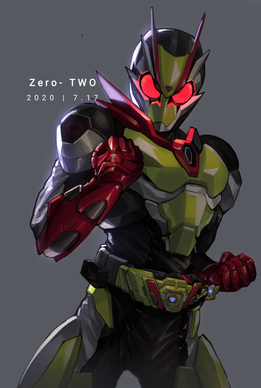 1boy character_name clenched_hands cowboy_shot dated glowing glowing_eyes grey_background highres kamen_rider kamen_rider_01_(series) kamen_rider_zero-two male_focus power_armor rider_belt solo wu-qiao