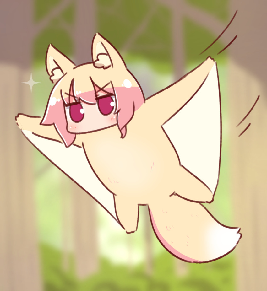 1girl animal animal_ear_fluff animal_ears animalization bangs blonde_hair blurry blurry_background blush commentary_request day depth_of_field eyebrows_visible_through_hair flying flying_squirrel forest fox_ears fox_tail hair_between_eyes highres kemomimi-chan_(naga_u) long_hair looking_at_viewer naga_u nature original outdoors outstretched_arms red_eyes sidelocks solo sparkle spread_arms squirrel tail tree v-shaped_eyebrows