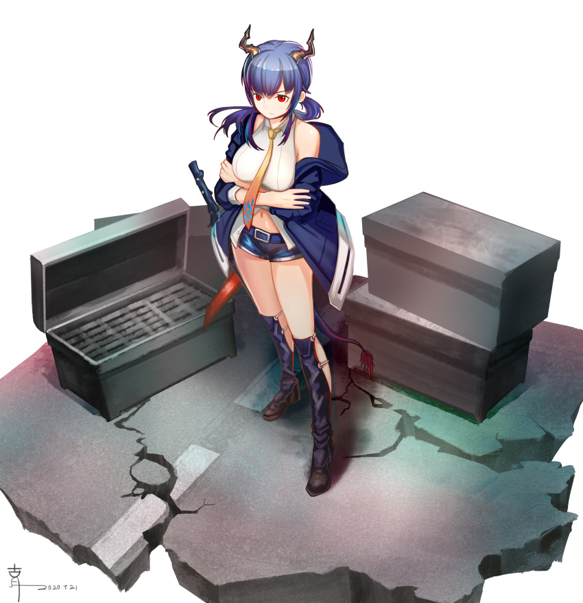 1girl absurdres arknights bangs bare_shoulders black_footwear blue_hair blue_jacket blue_shorts box breasts ch'en_(arknights) commentary dated dragon_horns dragon_tail full_body guyue highres horns jacket long_hair long_sleeves looking_at_viewer medium_breasts navel necktie off_shoulder open_clothes open_jacket red_eyes shadow shin_guards shirt shoes short_shorts shorts simple_background sleeveless sleeveless_shirt solo standing tail thighs white_background white_shirt yellow_neckwear