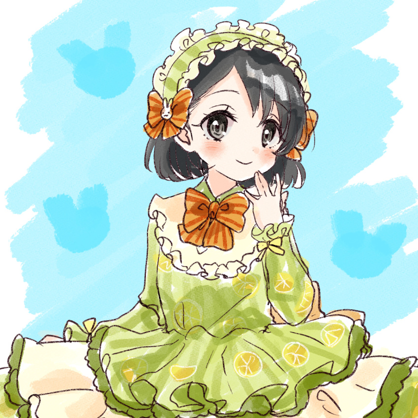 arm_at_side arm_up bangs black_hair blush bow bunny_hair_ornament closed_mouth collar commentary_request dress food frilled_collar frilled_hairband frills fruit green_dress green_headband green_ribbon grey_eyes hair_between_eyes hair_bow hair_ornament hairband headband highres idolmaster idolmaster_cinderella_girls lemon lemon_print lemon_slice long_sleeves looking_at_viewer orange_bow orange_neckwear orange_stripes ribbon rino_cnc sasaki_chie shiny shiny_hair short_hair sleeve_ribbon smile striped striped_bow striped_neckwear