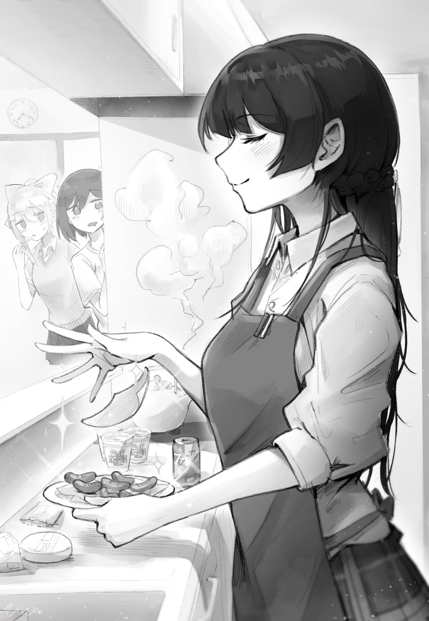 3girls absurdres apron bangs bow braid can closed_eyes collared_shirt cooking eyebrows_visible_through_hair food from_side greyscale hair_bow hair_ornament hairclip highres higuchi_kaede hime_cut indoors kettle kitchen monochrome multiple_girls nijisanji people_hitobito pleated_skirt ramen sausage shirt shizuka_rin skirt sleeves_rolled_up smile soda_can steam sweater_vest t-shirt tsukino_mito virtual_youtuber