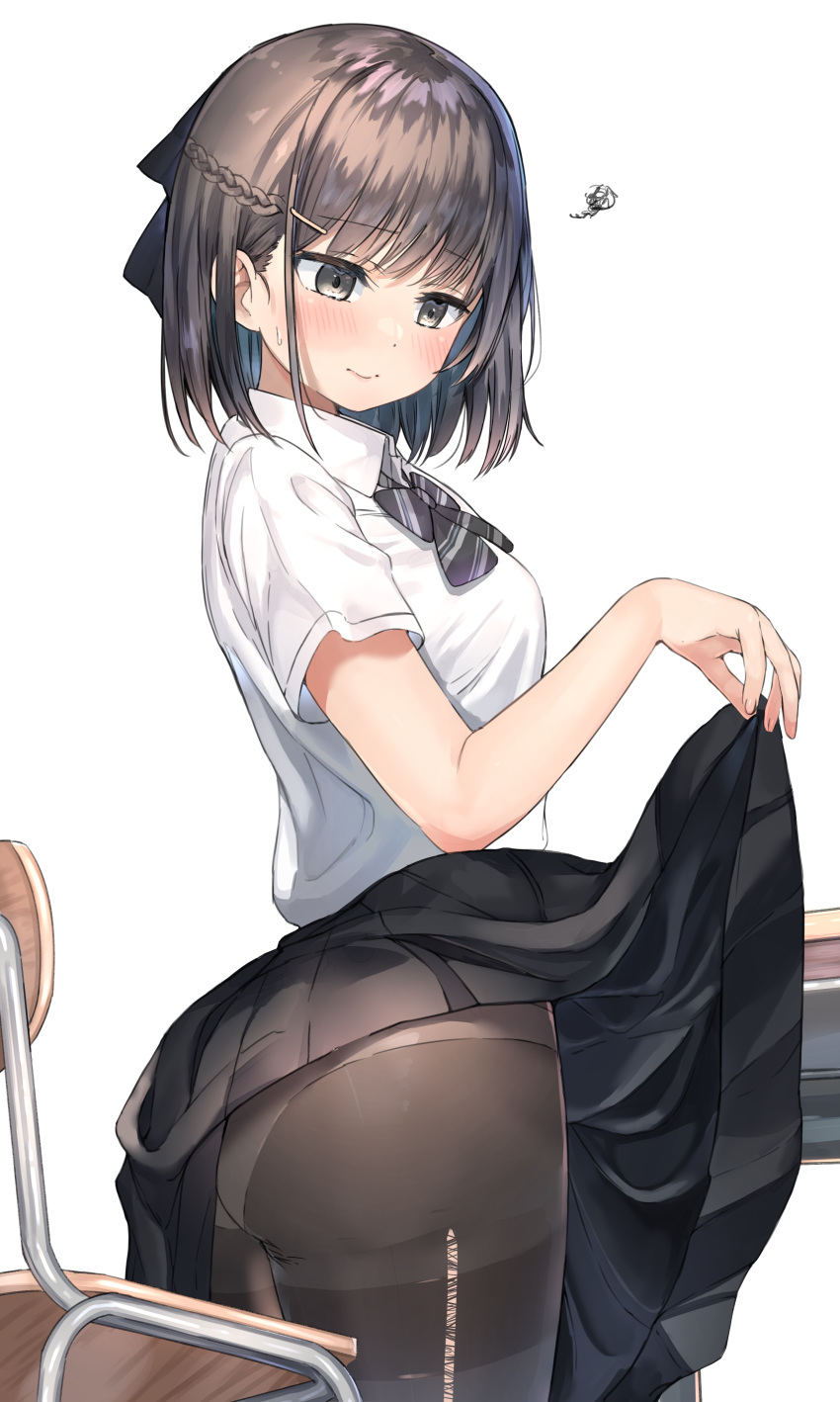 1girl absurdres black_skirt blouse desk half_updo highres looking_down original panties panties_under_pantyhose pantyhose ranf school_desk school_uniform short_hair skirt skirt_lift solo squiggle standing torn_clothes torn_legwear underwear white_blouse white_panties