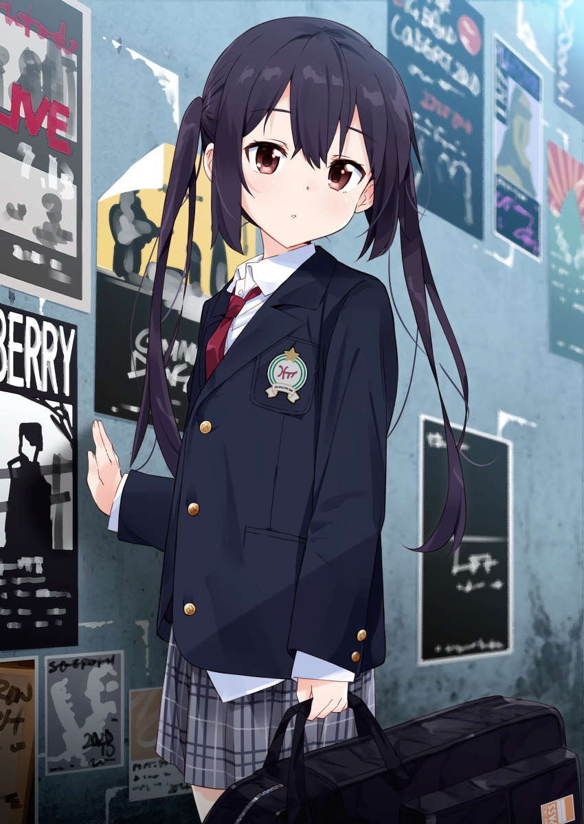 1girl absurdres badge bangs black_hair black_jacket brown_eyes buttons collared_shirt grey_skirt guitar_case hand_on_wall highres holding instrument_case jacket k-on! looking_at_viewer mousou_(mousou_temporary) nakano_azusa parted_lips plaid plaid_skirt pleated_skirt poster_(object) red_neckwear school_uniform shirt sidelocks skirt solo standing twintails wall white_shirt