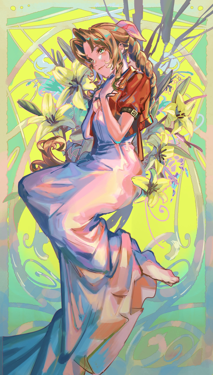 1girl absurdres aerith_gainsborough barefoot bow braid braided_ponytail brown_hair closed_mouth dress_shirt final_fantasy final_fantasy_vii full_body green_eyes hair_bow hair_intakes highres jacket long_skirt open_clothes open_jacket pink_bow pink_skirt ponytail red_jacket shiny shiny_hair shirt short_sleeves skirt smile solo thundergotch white_shirt