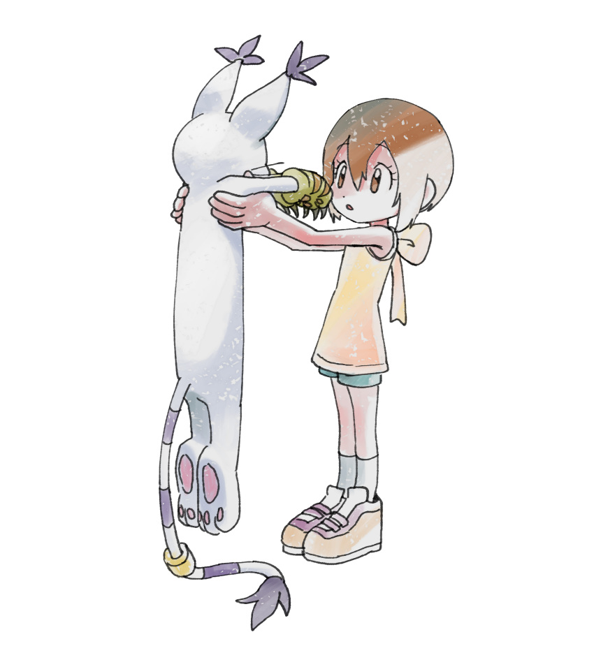 1girl 1other :o animal bare_arms bare_shoulders brown_eyes brown_hair cat child claws confused digimon digimon_adventure gloves highres holding holding_animal long_tail longcat looking_at_another meme pastel_colors shirt short_hair shorts sketch sleeveless sleeveless_shirt socks striped striped_gloves striped_tail surprised tail tail_ring tailmon tantanmen yagami_hikari yellow_shirt