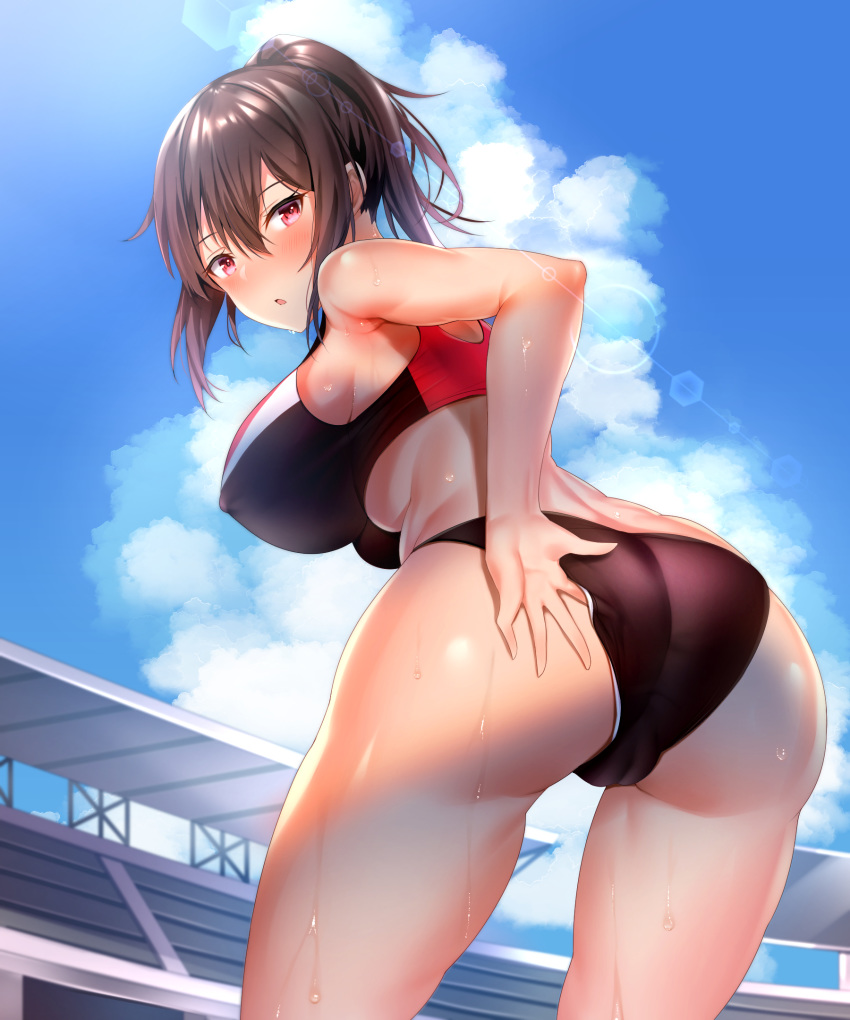 1girl ass bangs blush breasts brown_hair clouds covered_nipples hame_x_tore hand_under_clothes high_ponytail highres large_breasts looking_at_viewer looking_back midriff open_mouth red_eyes short_hair sky solo source_request sports_bikini sweat yuyu_(yuyuworks)