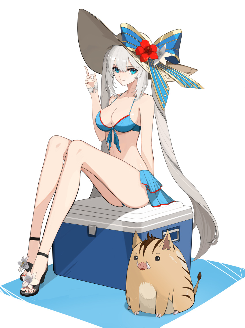 1girl akai2930 animal bikini blue_bikini blue_eyes bow box commentary_request eyebrows_visible_through_hair fate/grand_order fate_(series) flower hat hat_bow hat_flower highres index_finger_raised long_hair looking_at_viewer marie_antoinette_(fate/grand_order) marie_antoinette_(swimsuit_caster)_(fate) sandals sitting smile solo sun_hat swimsuit twintails very_long_hair white_background white_hair