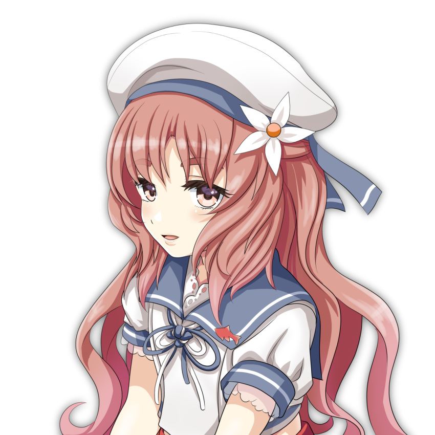 1girl blue_sailor_collar brown_eyes brown_hair commentary_request flower hair_flower hair_ornament hat highres kantai_collection long_hair looking_at_viewer puffy_sleeves sailor_collar sailor_hat school_uniform serafuku shirt short_sleeves solo tk8d32 upper_body wavy_hair white_headwear white_shirt yashiro_(kantai_collection)