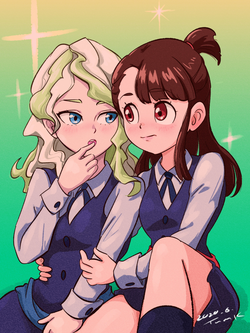 2girls absurdres blonde_hair blue_eyes blush brown_hair collared_shirt couple diana_cavendish embarrassed eye_contact hand_on_another's_arm hand_on_another's_hip highres hug kagari_atsuko little_witch_academia long_hair looking_at_another luna_nova_school_uniform multicolored_hair multiple_girls open_mouth red_eyes school_uniform shirt skirt surprised tsunemoku two-tone_hair uniform yuri