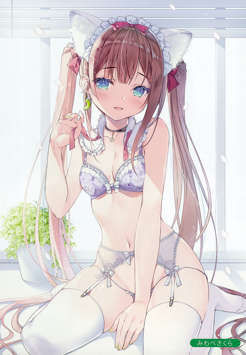 1girl absurdres bangs blue_eyes blush bra brown_hair garter_belt garter_straps hair_ornament highres indoors long_hair miwabe_sakura original panties paw_pose scan shiny shiny_hair sitting solo thigh-highs underwear underwear_only wariza white_legwear