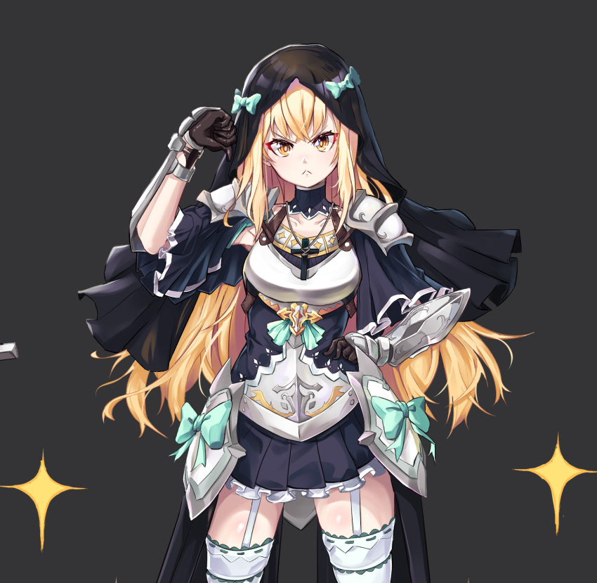 &gt;:( 1girl armor armored_boots blonde_hair boots collarbone commentary_request cross cross_necklace faulds frown garter_straps gauntlets grey_background hand_on_hip highres jewelry kiwoseo_meogneundas korean_commentary long_hair necklace nun original solo sword thigh-highs thorns vambraces veil weapon yellow_eyes