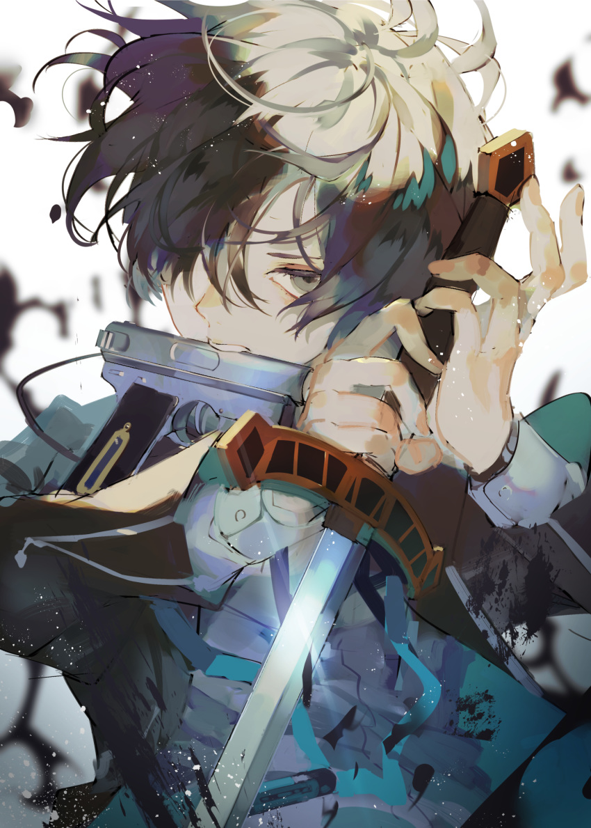 1boy black_hair check_copyright copyright_request fingernails grey_eyes gun gun_in_mouth hair_over_one_eye highres holding holding_sword holding_weapon male_focus persona persona_3 simple_background solo sword syokuuuuuuuuumura torn_clothes upper_body weapon white_background