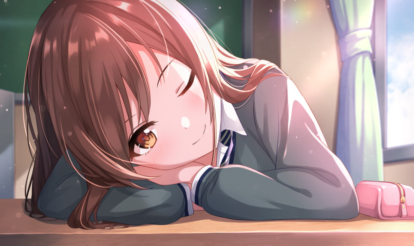 1girl alisia0812 bangs blush brown_eyes brown_hair classroom closed_mouth commentary_request curtains desk head_rest highres idolmaster idolmaster_shiny_colors indoors long_hair looking_at_viewer oosaki_amana pencil_case school_desk smile solo swept_bangs upper_body zipper zipper_pull_tab