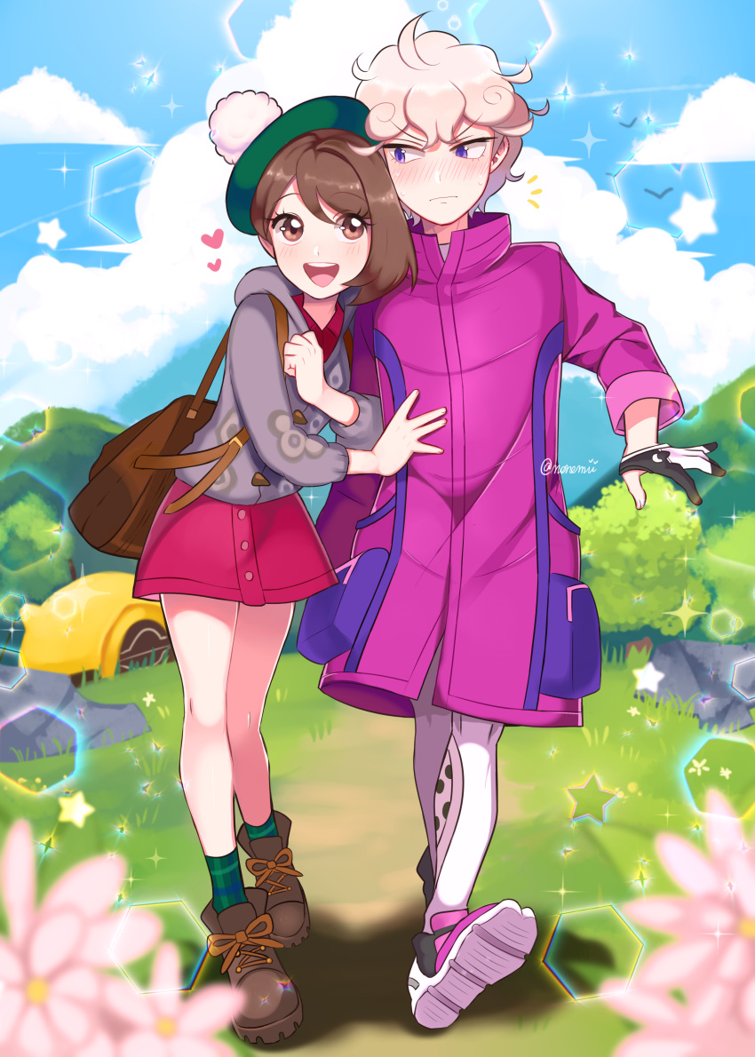 1boy 1girl :d absurdres ahoge backpack bag bangs beet_(pokemon) blonde_hair blush boots brown_eyes brown_footwear brown_hair cardigan clouds commentary_request curly_hair day dress eyebrows_visible_through_hair eyelashes gloves grass green_headwear green_legwear grey_cardigan hat heart highres jacket long_sleeves looking_at_another open_mouth outdoors pink_dress pink_jacket pokemon pokemon_(game) pokemon_swsh popped_collar shiny shiny_hair short_hair sky smile socks sparkle standing tam_o'_shanter teeth tongue violet_eyes x-lha-romy-x yuuri_(pokemon)