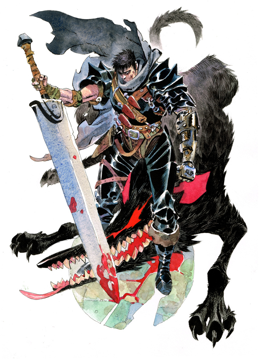 1boy absurdres amputee armor belt berserk berserker_armor black_footwear black_hair blood cape clenched_hands closed_mouth commission dragonslayer_(sword) full_armor grey_cape guts highres holding holding_sword holding_weapon knife male_focus matias_bergara paint_(medium) pauldrons planted_sword planted_weapon prosthesis prosthetic_arm scabbard scan sheath shoulder_armor solo standing sword traditional_media weapon wolf