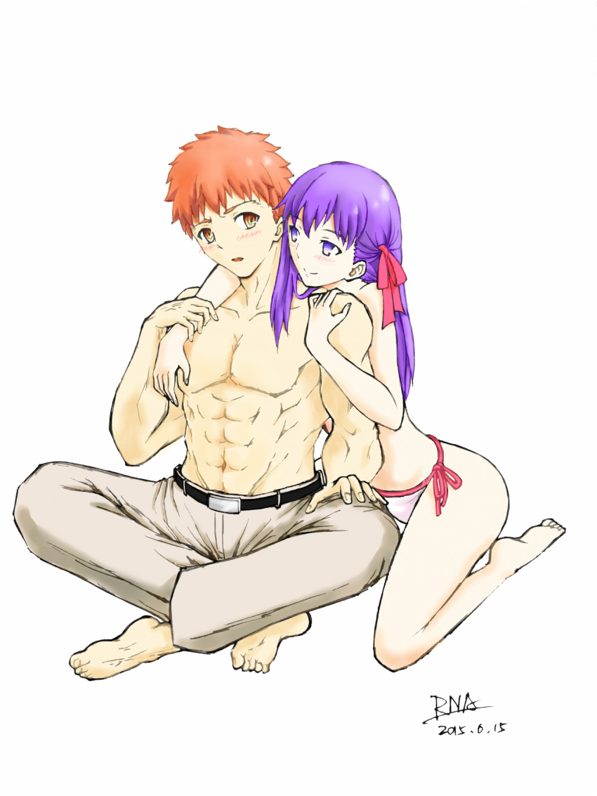 1boy 1girl 2015 arm_around_neck barefoot belt bikini bikini_bottom black_belt brown_eyes closed_mouth collarbone couple dated emiya_shirou fate/stay_night fate_(series) grey_pants hair_ribbon hetero highres indian_style kneeling long_hair matou_sakura no_pupils open_mouth orange_hair pants pink_ribbon purple_hair ribbon rna_(angel-smelter) shiny shiny_hair side-tie_bikini sitting smile soles spiky_hair swimsuit topless violet_eyes white_bikini