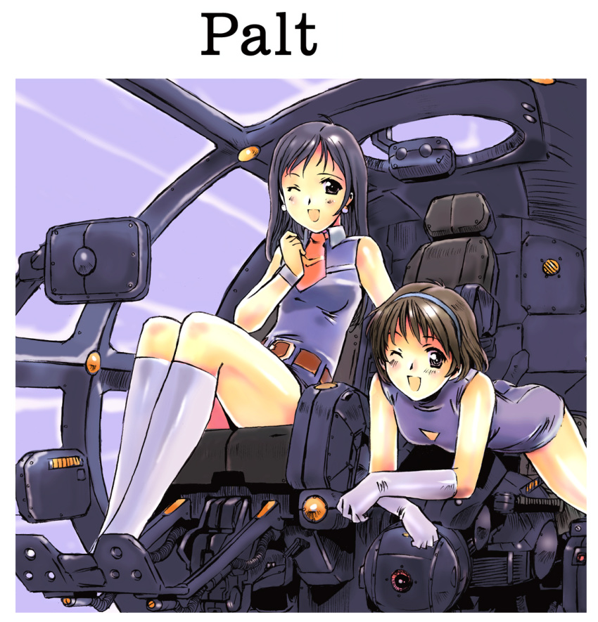 2girls :d bangs bare_shoulders belt black_hair black_legwear blue_hairband blush bob_cut boots breasts brown_belt brown_eyes brown_hair cockpit commentary earrings elbow_gloves footrest gloves hairband highres jewelry kneehighs leaning_forward leotard long_hair lying mecha miniskirt moriguchi_nao_(naonao) multiple_girls necktie on_stomach one_eye_closed open_mouth original red_neckwear seat short_hair short_necktie short_shorts shorts sitting skirt sleeveless small_breasts smile thighs white_gloves white_legwear