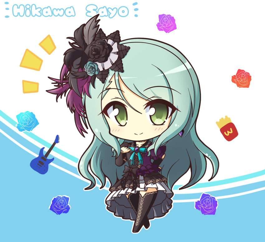 1girl aqua_background aqua_hair bang_dream! bangs black_legwear blush bow character_name collarbone commentary_request dress earrings electric_guitar eyebrows_visible_through_hair feathers floral_background flower food french_fries full_body green_eyes guitar hair_between_eyes hair_feathers hair_flower hair_ornament hand_on_hip hand_on_own_chest highres hikawa_sayo instrument jewelry layered_dress long_hair looking_at_viewer notice_lines ribbon short_sleeves sidelocks simple_background smile solo standing swept_bangs teen_(teen629) thigh-highs two-tone_dress white_background zettai_ryouiki