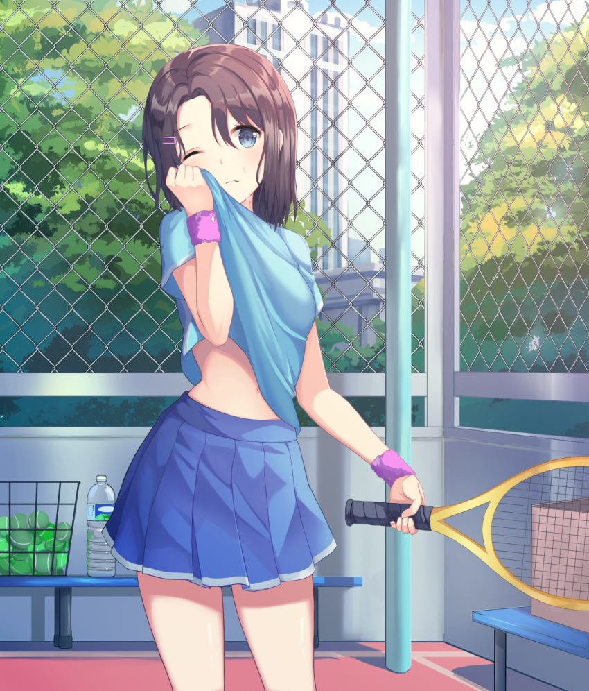 1girl ball bang_dream! bangs basket bench black_hair blue_shirt blue_skirt blue_sky blush bottle breasts building chain-link_fence closed_mouth clouds coma_(light825) commentary cowboy_shot day drying eyebrows_visible_through_hair fence grey_eyes hair_between_eyes hair_ornament hairclip highres holding_racket medium_breasts medium_hair navel okusawa_misaki outdoors pleated_skirt racket shadow shirt short_sleeves sidelocks skirt sky solo sportswear standing sweat sweatband tennis_ball tennis_court tennis_racket tennis_uniform tree water_bottle