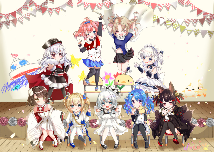 6+girls :d :o ;d ^_^ absurdres ahoge aiguillette akagi-chan_(azur_lane) american_flag_legwear anchor_necklace animal animal_ears apron arm_up arms_up azur_lane bangs bare_shoulders belchan_(azur_lane) belfast_(azur_lane) bell bird black_dress black_footwear black_gloves black_headwear black_kimono black_legwear black_skirt blonde_hair blue_bow blue_capelet blue_dress blue_eyes blue_footwear blue_hair blue_skirt blunt_bangs blush bow bowtie bracelet braid breasts brown_hair cape capelet chair character_doll chick child_drawing choker clenched_hands closed_eyes coat_dress collarbone collared_dress commander_(azur_lane) commentary_request confetti detached_collar doll double_v dress elbow_gloves eyebrows_visible_through_hair fake_wings fingerless_gloves fox_ears fox_girl fox_tail french_braid frilled_apron frills full_body fur-trimmed_cape fur_trim gloves gold_trim group_picture hair_bell hair_between_eyes hair_bow hair_intakes hair_ornament hairclip hand_on_hip hat hiei-chan_(azur_lane) highres holding holding_animal holding_doll horns huge_filesize index_finger_raised iron_cross japanese_clothes jewelry jumping kimono knees_together_feet_apart lace-trimmed_headwear lace_trim little_cleveland_(azur_lane) little_helena_(azur_lane) little_illustrious_(azur_lane) little_renown_(azur_lane) little_san_diego_(azur_lane) long_hair long_sleeves looking_at_another looking_at_viewer low_twintails maid_apron maid_headdress manjuu_(azur_lane) midriff_peek military_hat multicolored multicolored_cape multicolored_clothes multiple_girls multiple_tails nako_nya navel necktie one_eye_closed one_side_up open_mouth outstretched_arm pantyhose parted_bangs peaked_cap pink_eyes pleated_dress pleated_skirt red_bow red_eyes red_footwear red_neckwear red_skirt redhead ribbon sakuramon shadow shirt shoes short_hair sidelocks signature silver_hair sitting skirt sleeveless sleeveless_dress sleeveless_shirt small_breasts smile stage standing standing_on_chair star_(symbol) star_print strapless strapless_dress string_of_flags tail thigh-highs tilted_headwear twintails two_side_up v very_long_hair waist_apron white_apron white_cape white_dress white_footwear white_gloves white_headwear white_legwear white_shirt wide_sleeves wings zeppelin-chan_(azur_lane) zettai_ryouiki |d