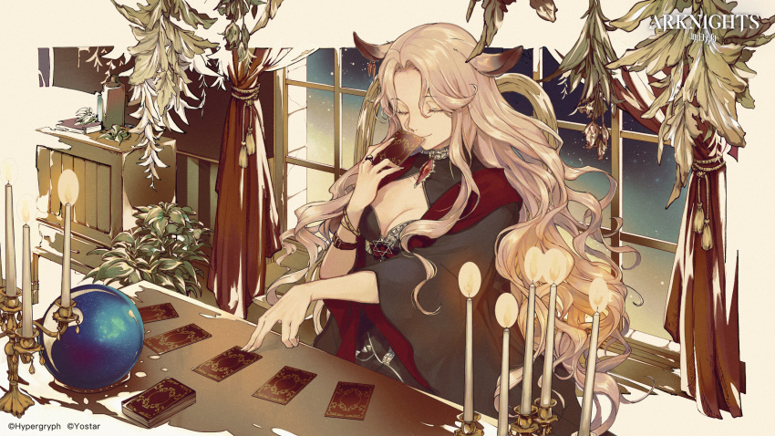 1girl animal_ears arknights blonde_hair bracelet candle candlestand closed_eyes crystal_ball curtains deer_ears gitano_(arknights) hand_to_own_mouth hexagram highres jewelry light_smile long_hair mature official_art plant ring solo star_of_david tarot tassel tokima_yori watch watch wavy_hair window