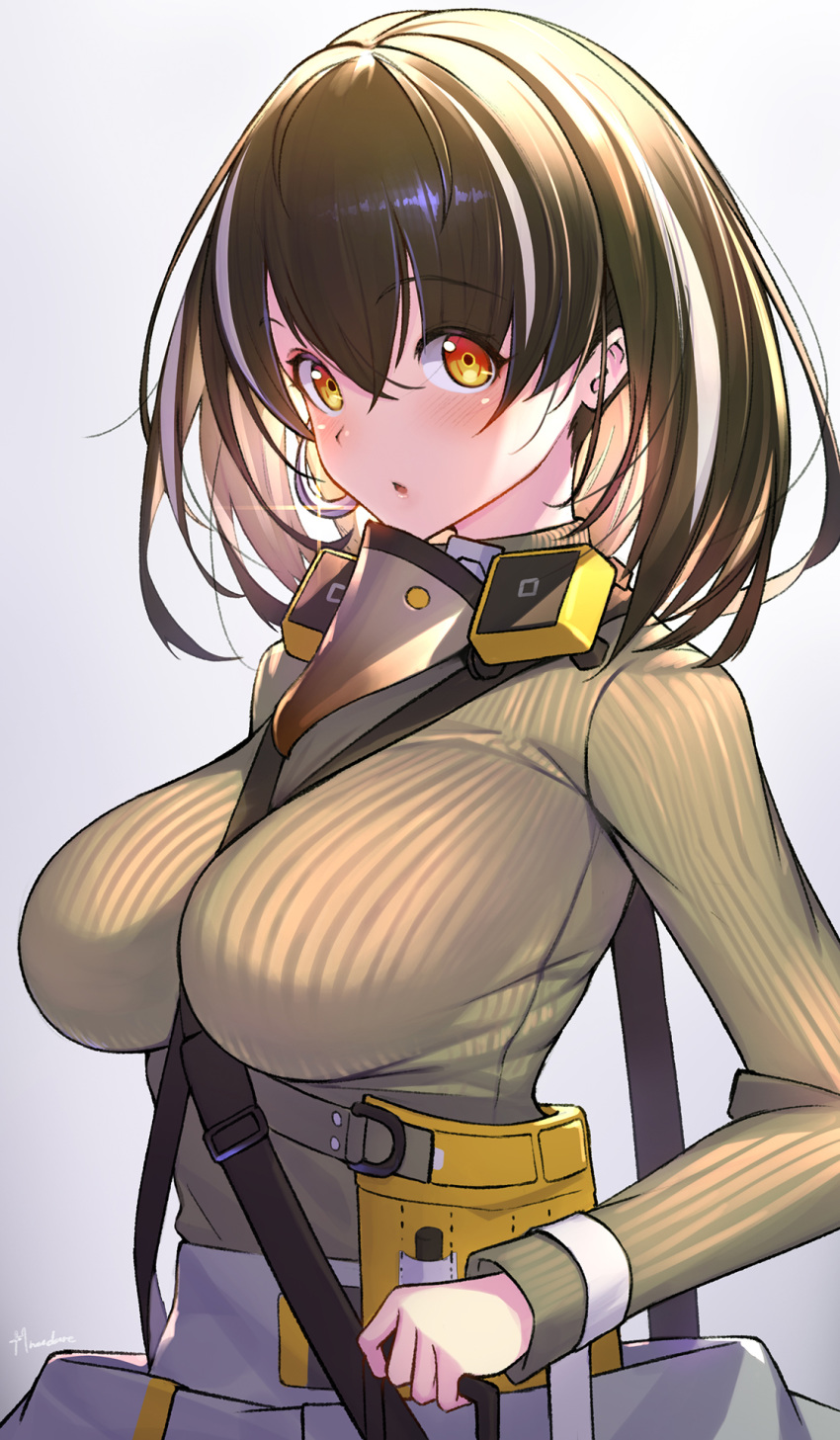 1girl :o arknights bangs breasts brown_eyes brown_hair commentary_request crossed_bangs gas_mask hair_between_eyes highres large_breasts looking_to_the_side magallan_(arknights) mask_around_neck medium_hair multicolored_hair multiple_straps nadare-san_(nadare3nwm) pouch ribbed_sweater streaked_hair sweater turtleneck