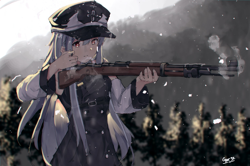 1girl absurdres bare_shoulders black_headwear blurry blurry_background bolt_action closed_mouth commentary depth_of_field dress english_commentary girls_frontline grey_dress grey_hair gun hat highres holding holding_gun holding_weapon jacket kar98k_(girls_frontline) long_hair long_sleeves looking_away mauser_98 object_namesake off_shoulder open_clothes open_jacket outdoors peaked_cap red_eyes reloading rifle signature sleeveless sleeveless_dress smoke smoking_gun snow snowing solo tegar32 very_long_hair weapon white_jacket