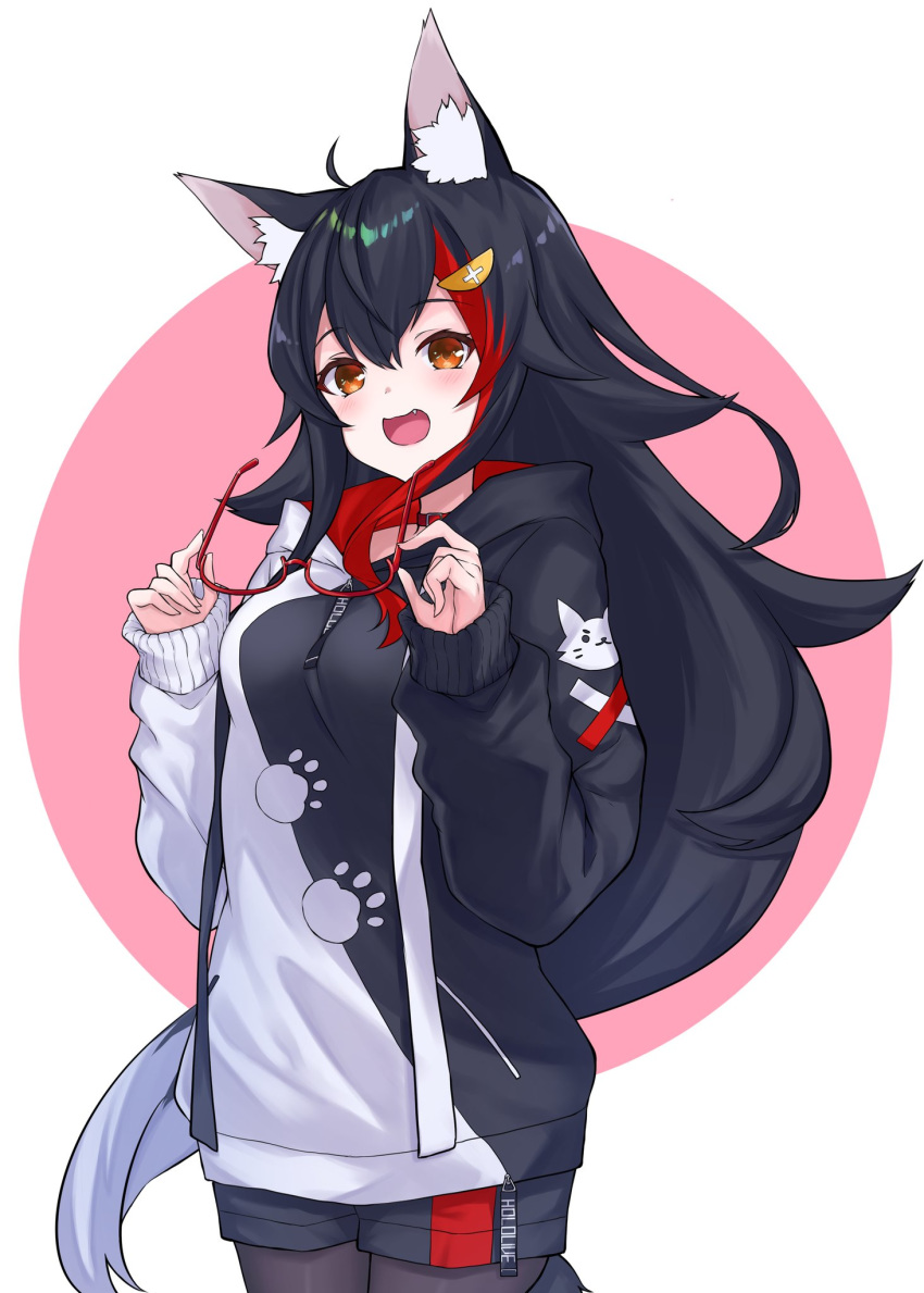 1girl :d animal_ears animal_print black_hair black_legwear breasts eyewear_removed fang highlights highres holding holding_eyewear hololive hood hood_down hoodie long_hair long_sleeves looking_at_viewer medium_breasts multicolored_hair na-code_(gurich) ookami_mio open_mouth orange_eyes pantyhose red_eyes short_shorts shorts smile tail tail_wrap very_long_hair virtual_youtuber white_hair wolf_ears wolf_tail