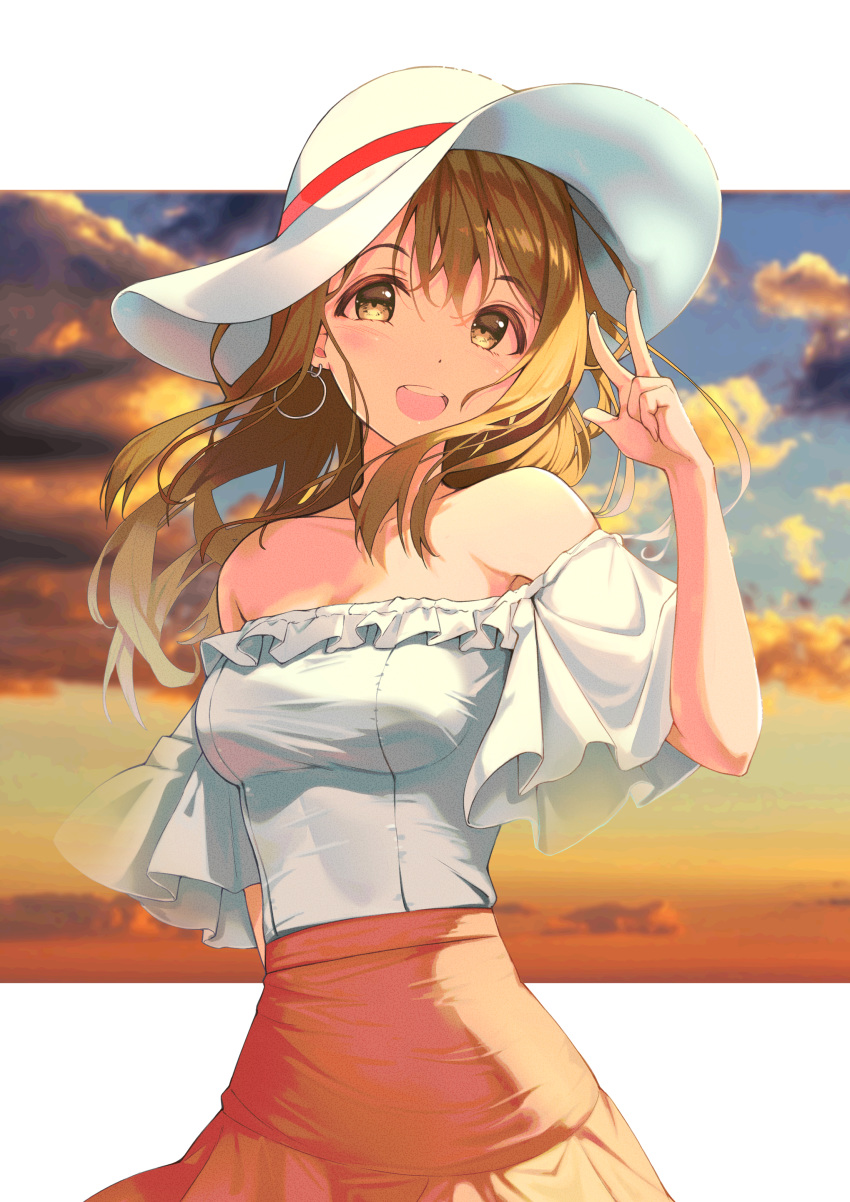 1girl :d absurdres blouse breasts brown_hair collarbone commentary cowboy_shot earrings eyebrows_visible_through_hair hat highres hoop_earrings jewelry kunikida_hanamaru long_hair love_live! love_live!_sunshine!! medium_breasts off_shoulder open_mouth siro_joon skirt smile solo sun_hat teeth w white_blouse yellow_eyes