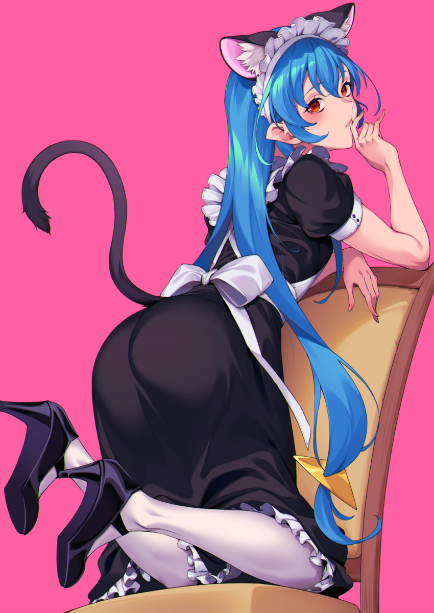 1girl alternate_costume animal_ear_fluff animal_ears apron bangs black_dress black_footwear blue_hair cat_ears cat_girl cat_tail closed_mouth commentary dress enmaided frilled_dress frills from_behind high_heels highres kneeling leaning_forward long_hair looking_at_viewer looking_back low-tied_long_hair maid maid_apron maid_headdress medium_dress on_chair pantyhose pink_background precure red_eyes short_sleeves simple_background solo star_twinkle_precure sugarbeat tail very_long_hair white_apron white_legwear wooden_chair yuni_(precure)
