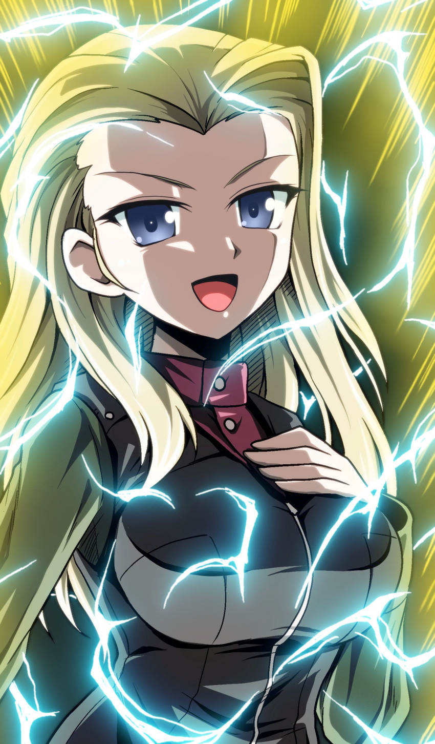 1girl absurdres aura black_vest blonde_hair blue_eyes clara_(girls_und_panzer) commentary_request dragon_ball dragon_ball_z electricity girls_und_panzer green_jacket hand_on_own_chest highres jacket kamishima_kanon long_hair long_sleeves looking_at_viewer military military_uniform open_mouth pravda_military_uniform red_shirt russian_commentary shirt smirk solo standing super_saiyan super_saiyan_2 turtleneck uniform vest