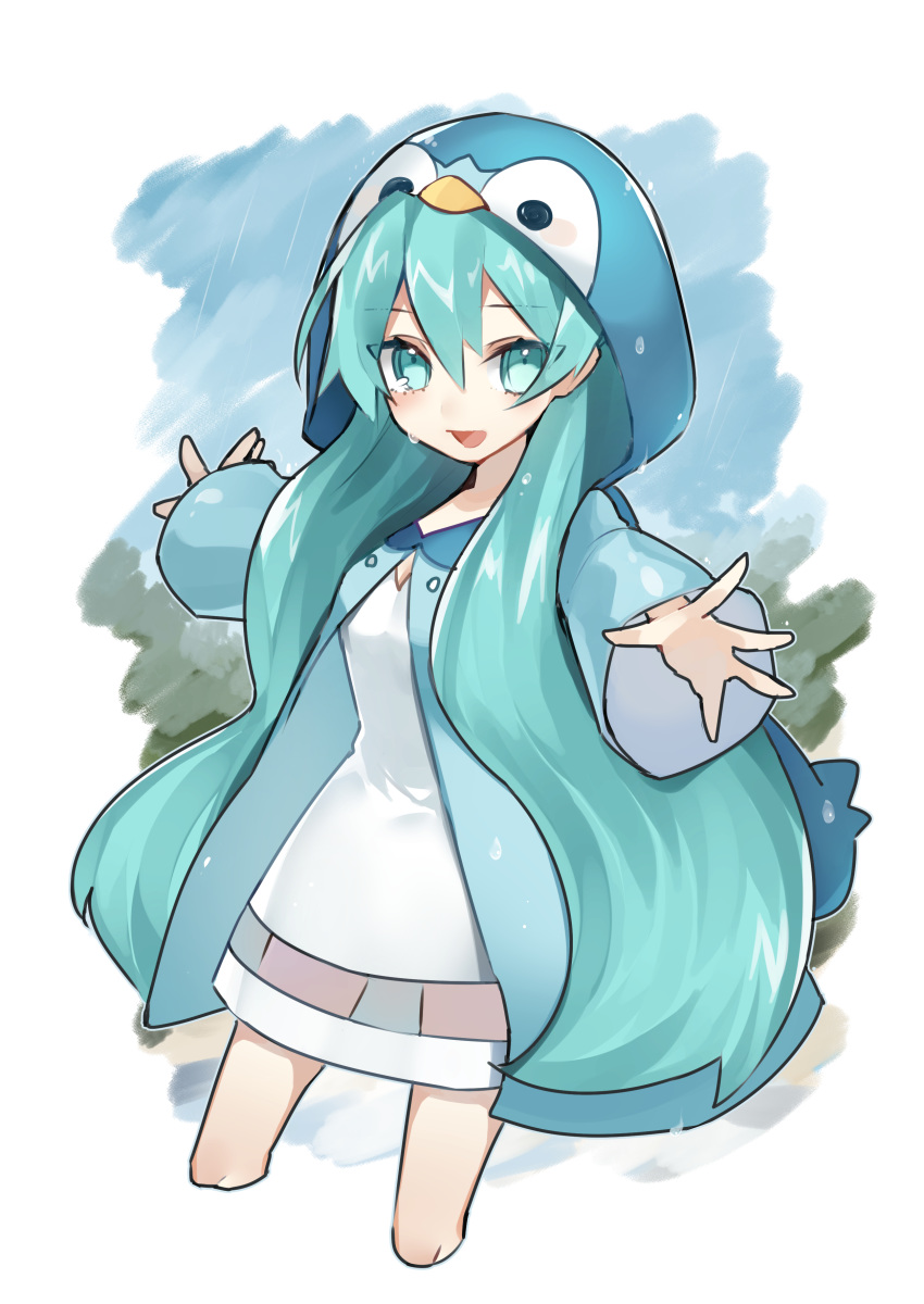 1girl :d absurdres bangs blue_eyes blue_hair blue_jacket commentary_request cosplay cropped_legs dress eyebrows_visible_through_hair gen_4_pokemon hair_between_eyes hatsune_miku highres hood hood_up hooded_jacket jacket long_hair long_sleeves looking_at_viewer open_clothes open_jacket open_mouth outstretched_arms piplup piplup_(cosplay) pokemon rain reirou_(chokoonnpu) see-through sleeves_past_wrists smile solo spread_arms very_long_hair vocaloid wet white_dress