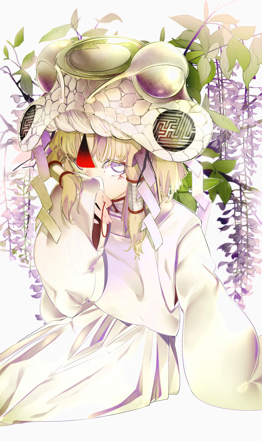 1girl absurdres adapted_costume alternate_headwear arm_support bangs blonde_hair commentary covering_mouth dress facial_tattoo flower hair_tubes hand_up highres holding lavender_eyes leaf long_sleeves looking_at_viewer maimuro mandarin_collar moriya_suwako rope shide shimenawa short_hair sideways_glance sitting sleeves_past_wrists solo swastika tagme tattoo touhou violet_eyes white_dress white_headwear white_robe wide_sleeves wisteria