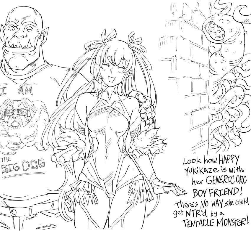 1boy 1girl :d arms_at_sides bare_shoulders bb_(baalbuddy) big_dog_(meme) commentary english_commentary english_text facing_viewer greyscale hair_ribbon highres leotard long_hair mizuki_yukikaze monochrome netorare open_mouth orc parody peeking_out pointy_ears ribbon smile taimanin_(series) taimanin_yukikaze tentacles two_side_up wall